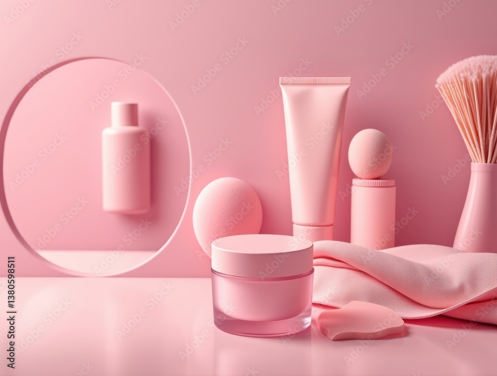 Chic pink cosmetics on a sleek surface Chic pink cosmetics on a sleek surface