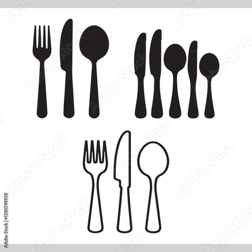 Set of kitchen cutlery including fork spoon and knife isolated on white background for dining and cooking