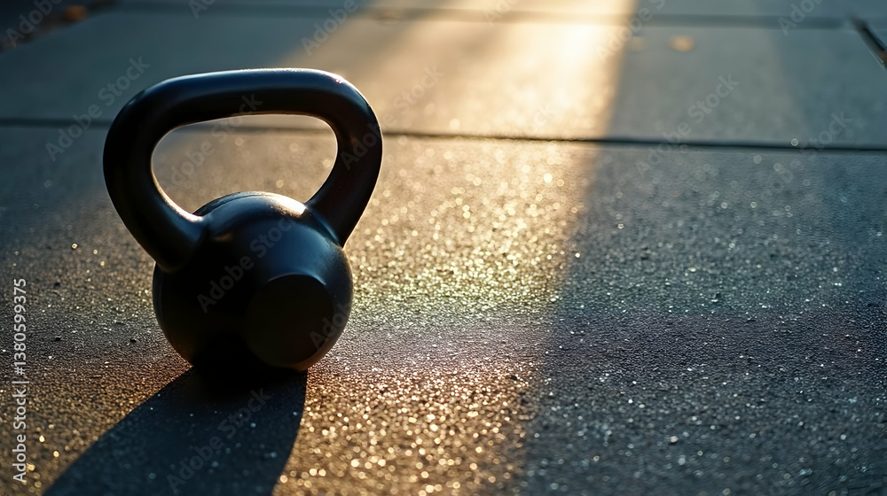A kettlebell rests on a wet surface, illuminated by soft sunlight.