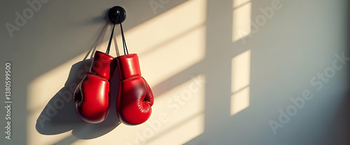 Red boxing gloves hang on a wall, illuminated by soft sunlight casting shadows.