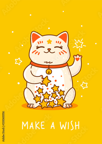Cute сartoon maneki neko with stars on yellow background - funny asian character for Your kawaii design