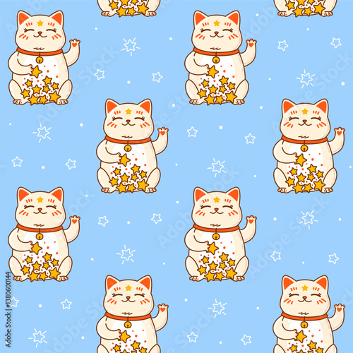 Seamless pattern with cute сartoon maneki neko on blue background  - funny asian wallpaper for Your kawaii design