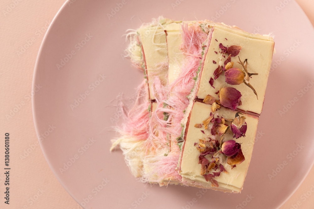 Trendy delicate white, pink chocolate with layer of white and pink pismaniye on pink background. Tasty dessert with Cotton candy. Close up. View from above.