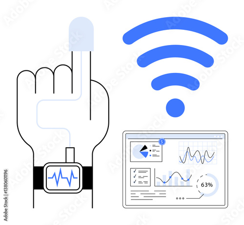 Finger with sensor and smartwatch tracking vitals, sharing data with digital dashboard via wireless signal. Ideal for healthcare, telemedicine, IoT, wellness, tech innovation, fitness, flat simple