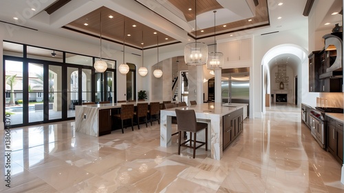 A luxurious open-concept kitchen and dining area interior design with marble countertops  elegant pendant lighting  and high-end appliances