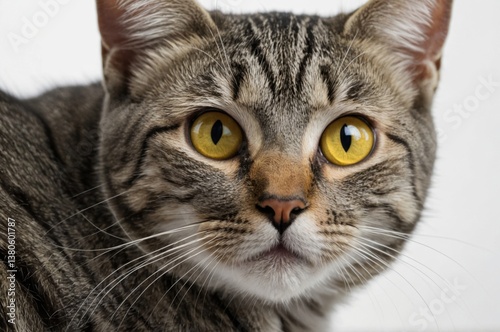 Curious cat with striking yellow eyes sits calmly