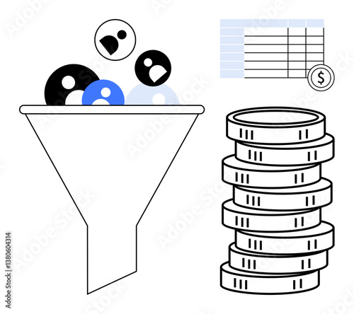 Funnel processing user profiles into a stack of coins, complemented by a data table. Ideal for sales optimization, business growth, marketing strategy, lead generation, revenue analysis, CRM
