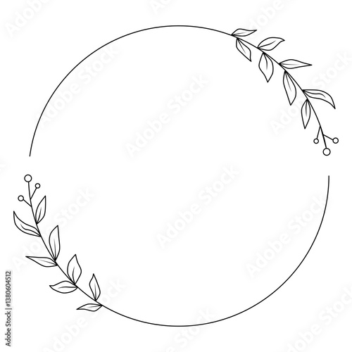 simple round frame with leaves, line art