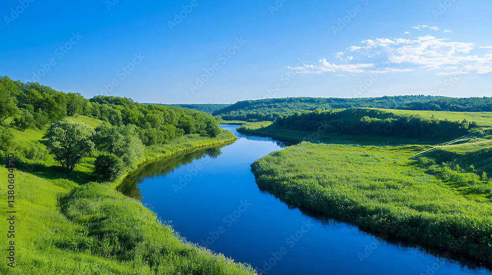Fototapeta premium serene river flows through lush green hills under clear blue sky, creating picturesque landscape that evokes tranquility and peace