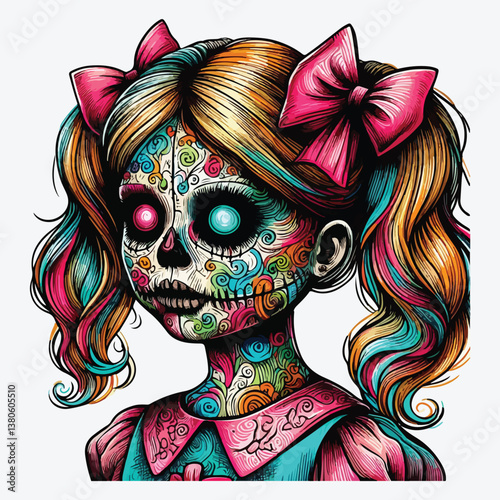 Drawing of Creepy doll. Halloween concept Zombie doll portrait. stock illustration