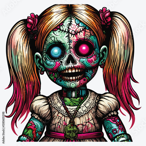 Drawing of Creepy doll. Halloween concept Zombie doll portrait. stock illustration