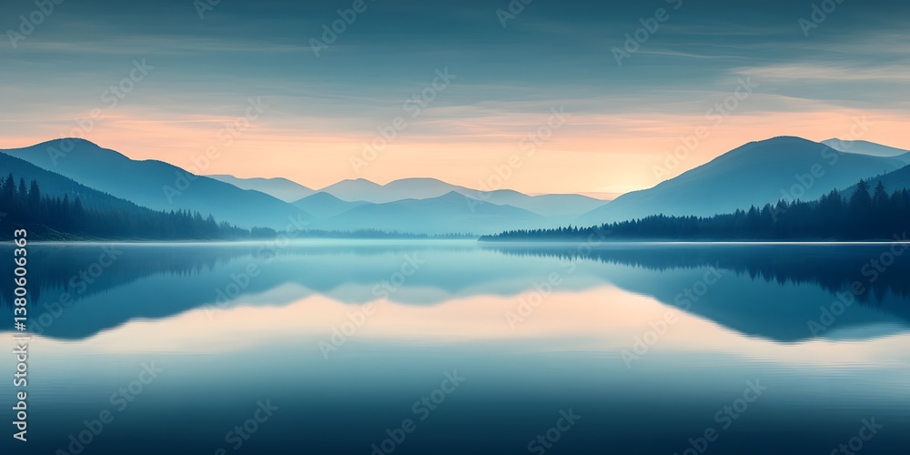Obraz premium Calm lake reflecting blue mountains and trees at dawn with soft pastel sky in the background view