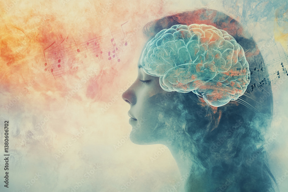 Profile of a woman, eyes closed, superimposed with a brain and musical notes, set against a textured, pastel background. Symbolizes the connection between music, mind and tranquility Profile of a woman, eyes closed, superimposed with a brain and musical notes, set against a textured, pastel background. Symbolizes the connection between music, mind and tranquility