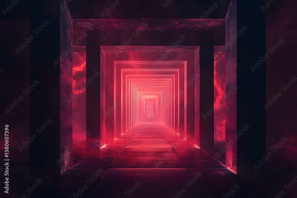 Fototapeta premium A long corridor with glowing red light and repeating square arches receding into the distance view