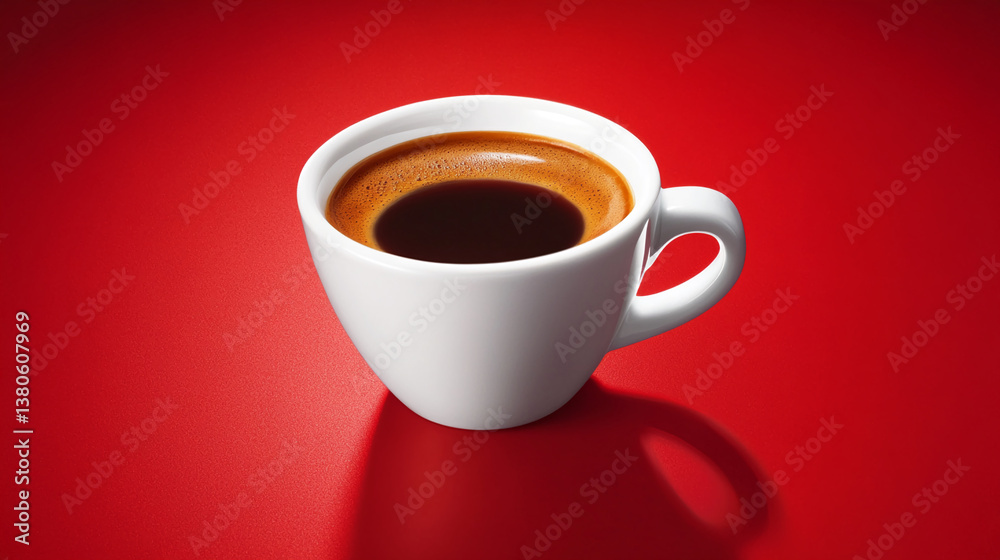Obraz premium White cup of espresso on red background, showcasing rich dark brown coffee crema. Simple, elegant design ideal for cafe menu or advertisement