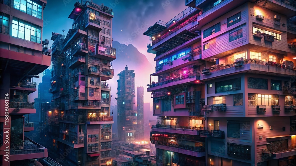 Obraz premium Surreal Hong Kong Apartments: Floating Balconies & Cityscapes