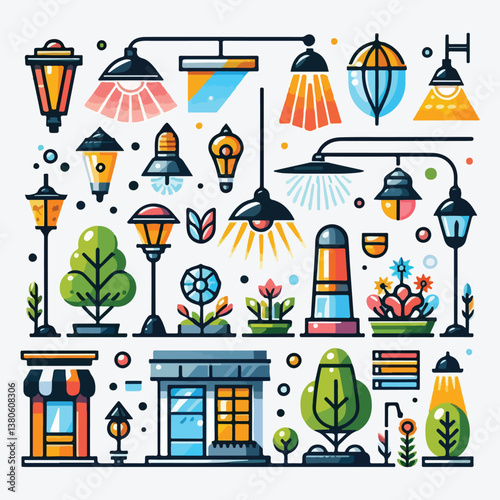 City Park Elements with Lamp, Light Post and Road Barrier Column Vector Set stock illustration