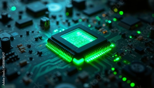 A vintage motherboard features intricate, textured microchip circuitry with soft pixelated light emitted by ancient green phosphor glow amidst a dusty background.