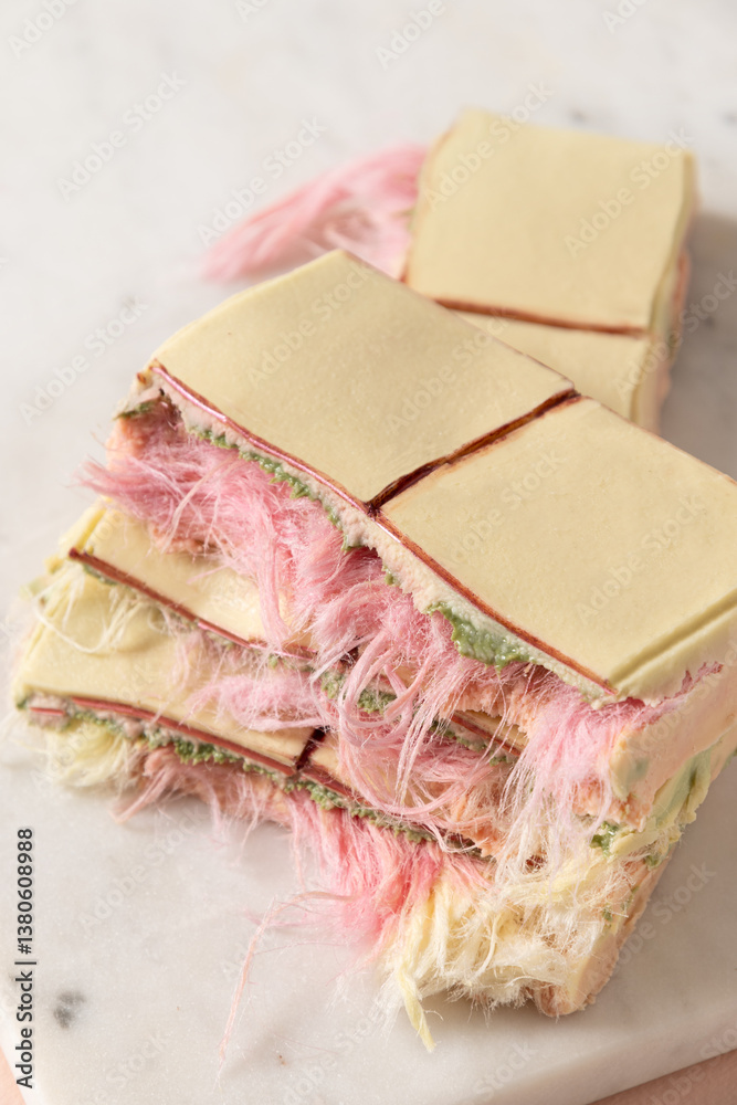 Trendy pink chocolate with airy filling on white marble board. Cotton candy, white and pink pismaniye inside chocolate. Vertical format. Close up.