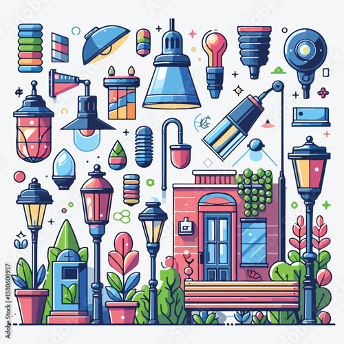 City Park Elements with Lamp, Light Post and Road Barrier Column Vector Set stock illustration