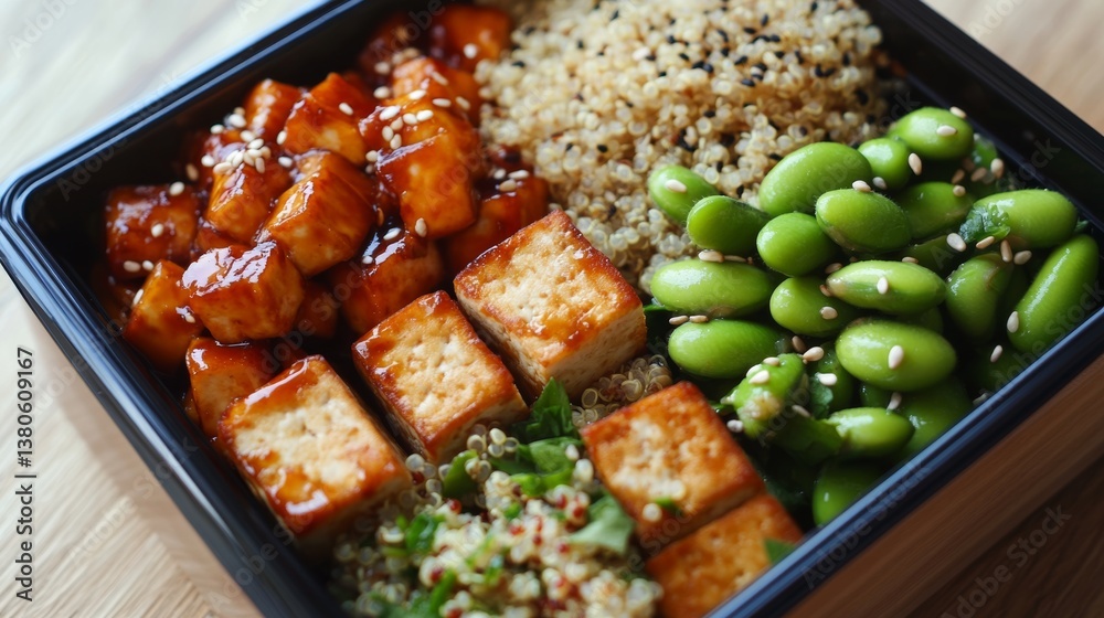 A plant-based lunch box with tofu stir-fry, quinoa salad, and steamed edamame, A plant-based lunch box with tofu stir-fry, quinoa salad, and steamed edamame,