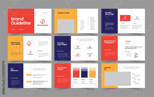 landscape brand guideline, guideline template design,
brand guideline presentation slide layout set.