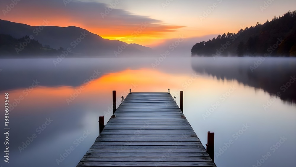 Fototapeta premium A serene lake at sunrise, featuring a wooden dock extending into calm waters, surrounded by misty mountains and a colorful sky. Concept Serene Lake at Sunrise, Wooden Dock Reflections