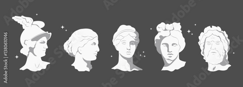 A set of classical greek, roman busts. Modern ancient gods, mythological characters, sculpture heads.