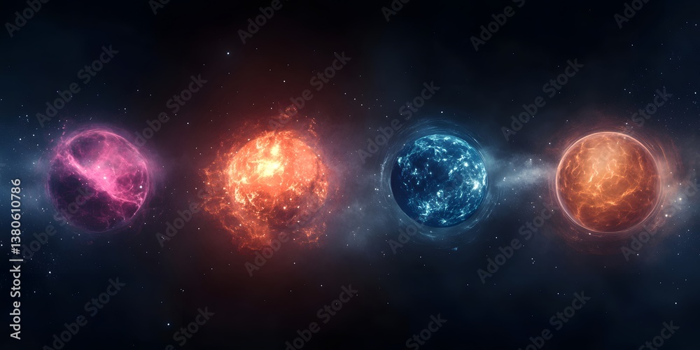Fototapeta premium A row of four colorful planets with different textures and colors in a dark space background