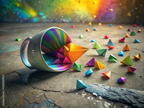Surreal Origami Mug & Rainbow Petals on Cracked Concrete - Futuristic Wide Angle Stock Photo