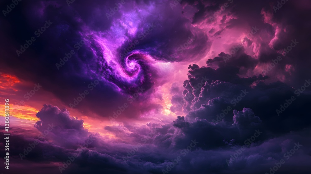 Obraz premium A dramatic sky filled with swirling purple and pink clouds creating a nebula like appearance