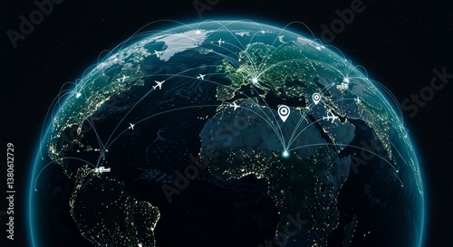 Fototapeta Naklejka Na Ścianę i Meble -  Global Flight Paths: International Trade and Logistics - Worldwide air travel, global connectivity, international trade routes, logistics network, world map