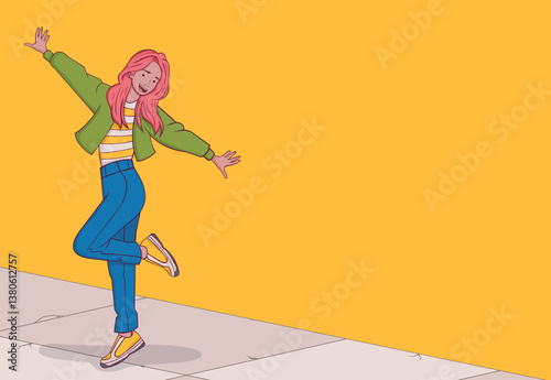 Happy cartoon young girl. Beautiful teenager woman jumping.