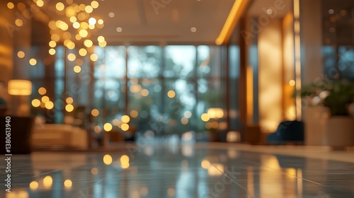 blurred hotel lobby with bokeh lights creates a warm and inviting atmosphere, perfect for use as a background in various design projects