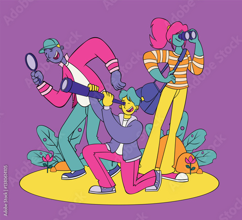 Group of cartoon searching. Funny people with spyglass, binoculars, magnifyin...