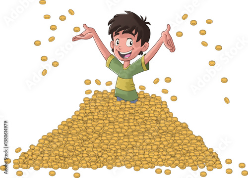 Happy cartoon boy with arms up on pile of gold coins. Teenager boy trowing treasure coins into the air.