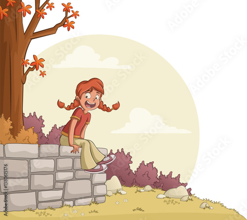 Happy cartoon girl seated on stone wall in the park. Teenager girl on nature ...
