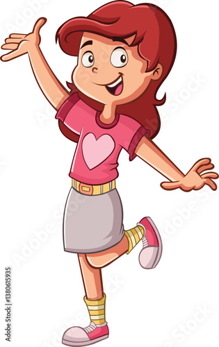 Happy cartoon girl with arms up. Teenager girl standing.