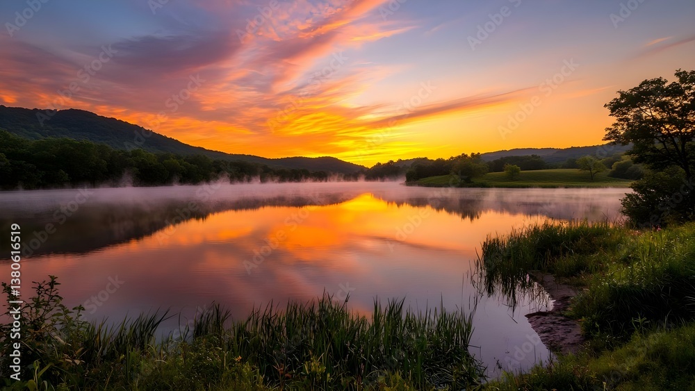 A tranquil lake at sunrise, reflecting colorful clouds and mist, surrounded by lush greenery and gentle hills. Concept Tranquil Lakeside Sunrise, Colorful Clouds Reflection, Misty Serene Landscape A tranquil lake at sunrise, reflecting colorful clouds and mist, surrounded by lush greenery and gentle hills. Concept Tranquil Lakeside Sunrise, Colorful Clouds Reflection, Misty Serene Landscape