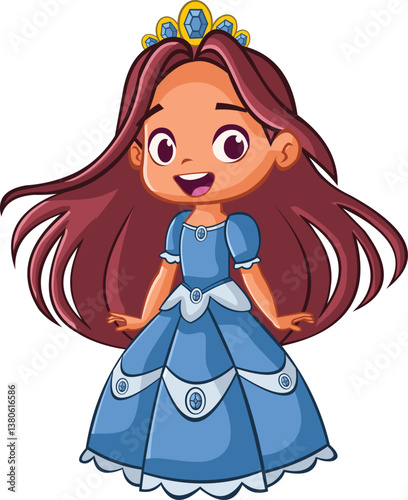 Cute cartoon princess girl wearing blue dress