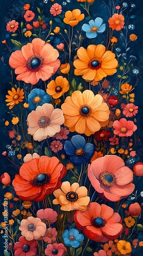 Vibrant Floral Arrangement with Colorful Flowers Against a Dark Blue Background