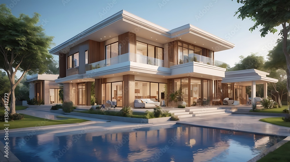 Modern Luxury Villa with Pool and Elegant Exterior – Sunset View Modern Luxury Villa with Pool and Elegant Exterior – Sunset View