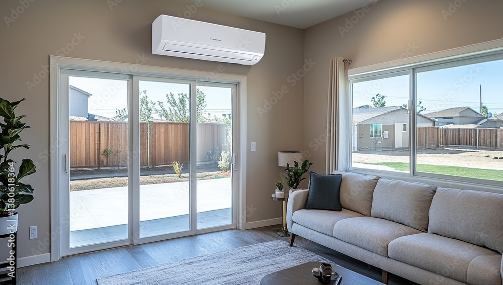 Fototapeta premium Modern Home Interior Design: Wall-Mounted Air Conditioner Cools Living Room with Patio View