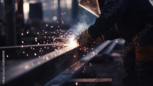 A construction worker welding steel beams on a high-rise building. Featuring strength and focus