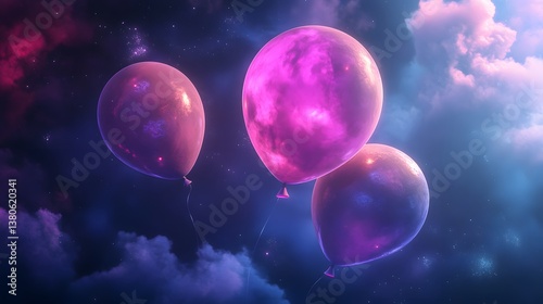 Three pink balloons floating in a night sky with clouds and stars creating a dreamy atmosphere
