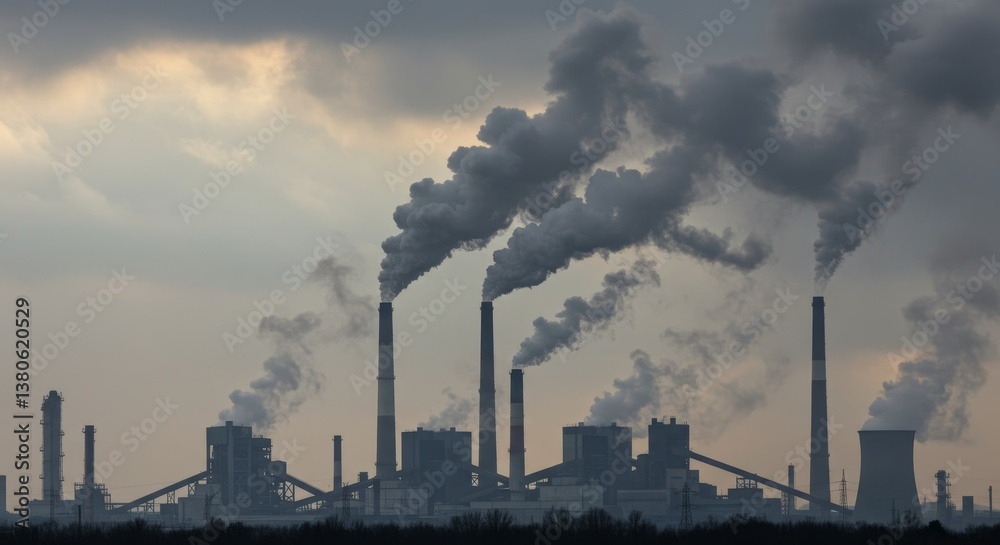 Industrial Pollution and Emissions - Silhouette of a large industrial plant emitting dark smoke into a cloudy sky. Environmental impact Industrial Pollution and Emissions - Silhouette of a large industrial plant emitting dark smoke into a cloudy sky. Environmental impact