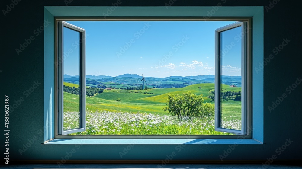 Fototapeta premium Open window reveals idyllic green hills, wildflowers, and a distant wind turbine under a bright blue sky.