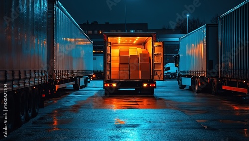 Nighttime Cargo Truck Delivery: Boxes Loaded, Transporting Goods Efficiently at Loading Dock Underneath Illuminated Lights