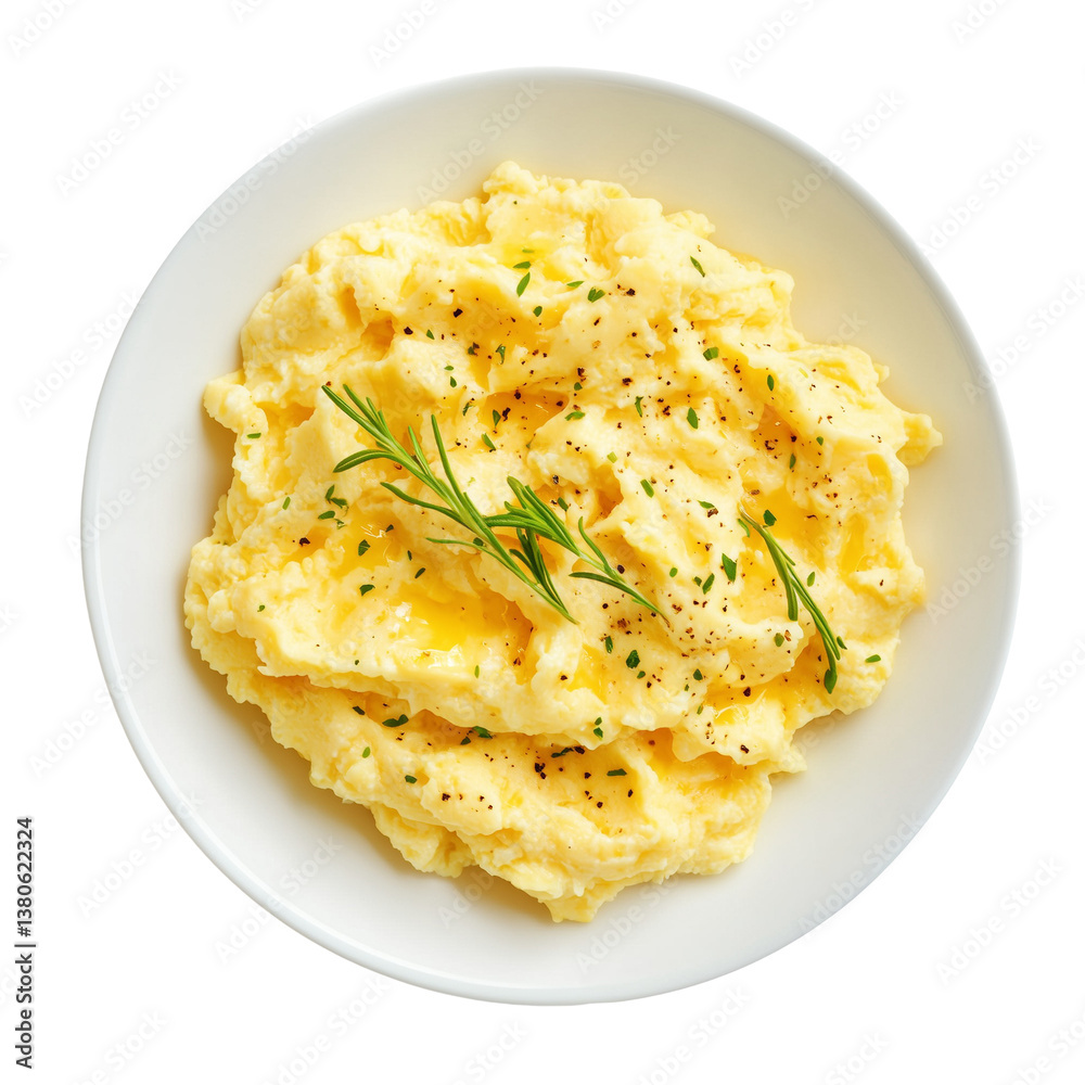 Creamy scrambled eggs on plate isolated on white and transparent background Creamy scrambled eggs on plate isolated on white and transparent background