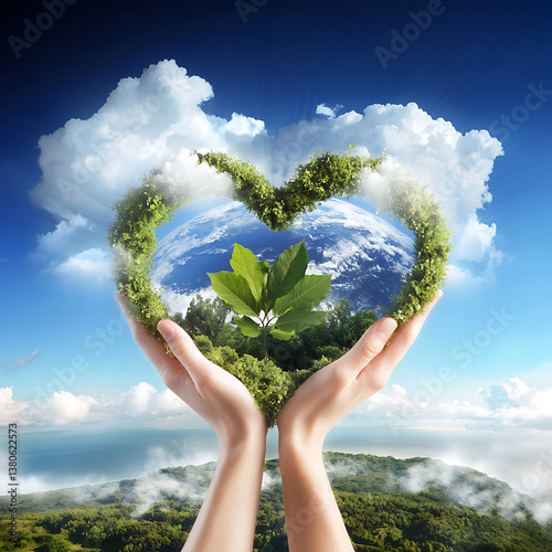 Heart Shaped Greenery Encircling Earth Held in Loving Hands: A Symbol of Environmental Care and Global Sustainability